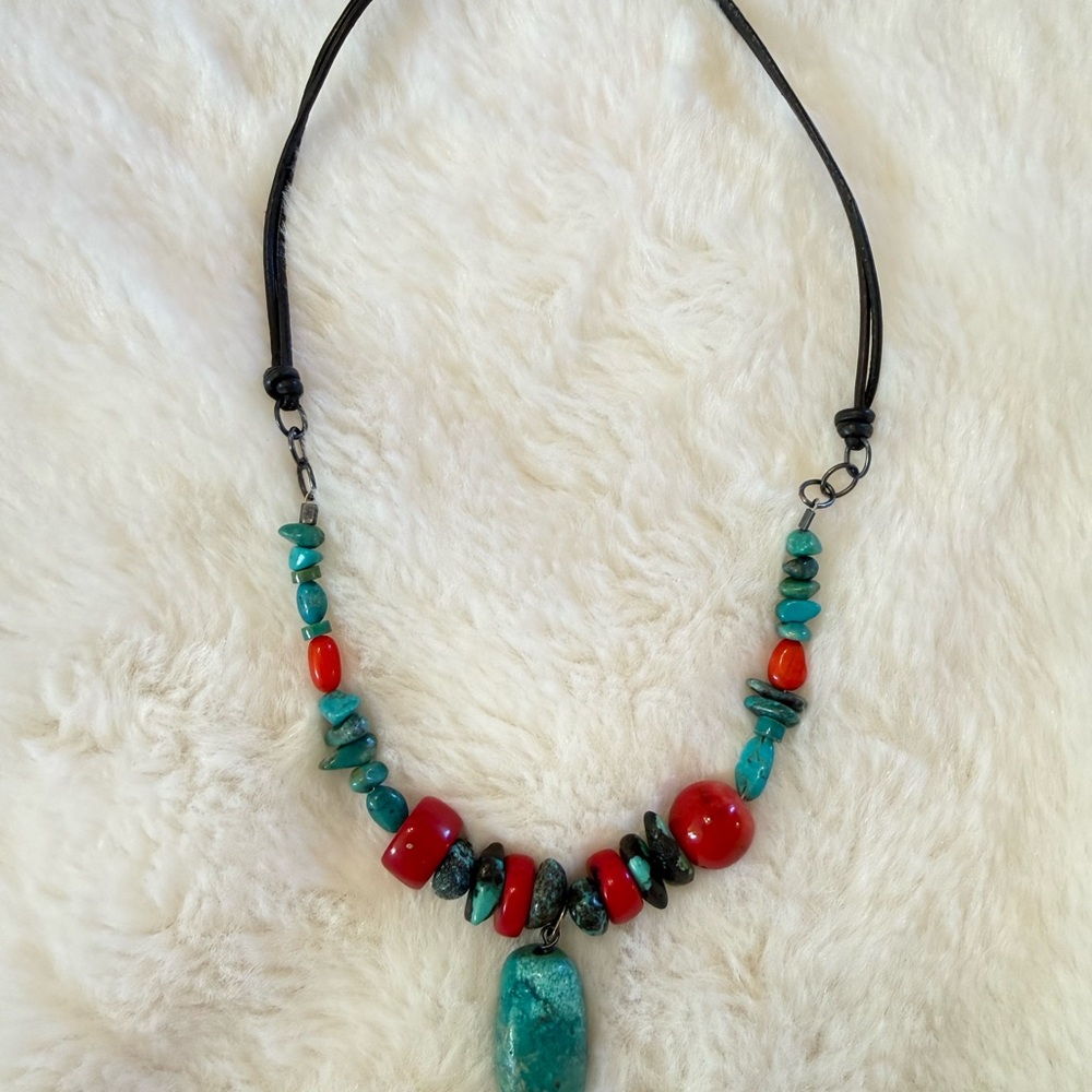 Turquoise and Red Beaded Necklace